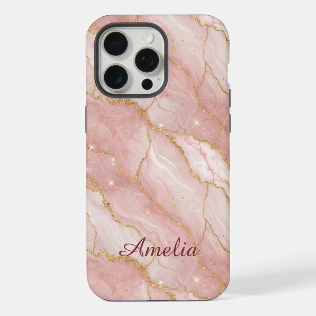 Personalized Modern Rose Quartz Marble Gold iPhone 15 Pro Max Hülle (Rückseite)