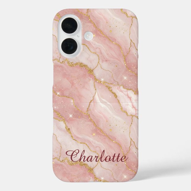 Personalized Modern Rose Quartz Marble Gold iPhone 16 Hülle (Rückseite)