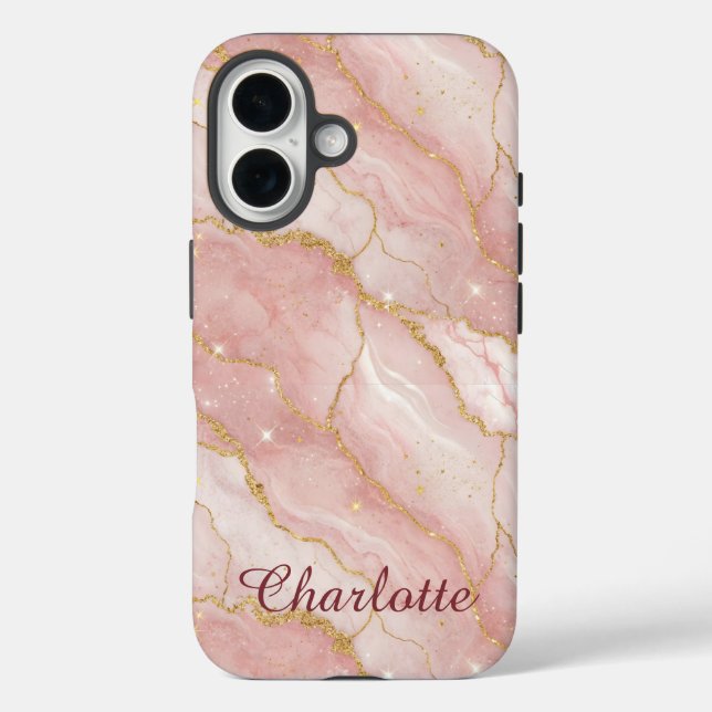 Personalized Modern Rose Quartz Marble Gold iPhone 16 Hülle (Rückseite)