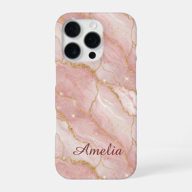 Personalized Modern Rose Quartz Marble Gold iPhone 16 Pro Hülle (Rückseite)