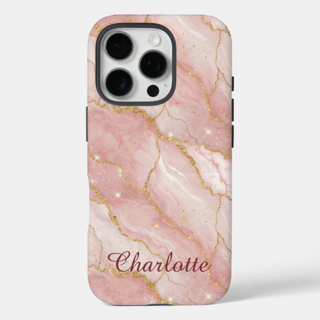 Personalized Modern Rose Quartz Marble Gold iPhone 16 Pro Hülle (Rückseite)