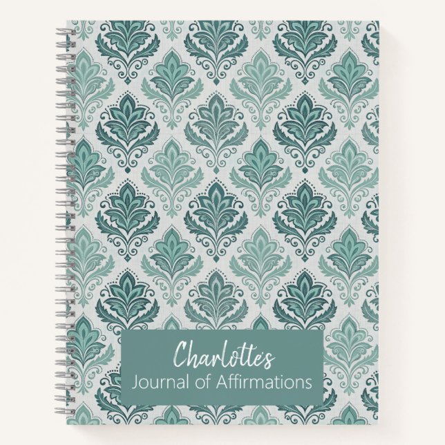 Personalized Modern Teal Nordic Damask Notizbuch (Vorderseite)