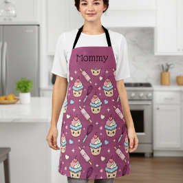 Personalized Mom Apron Kawaii Pink Blue Cupcake Schürze