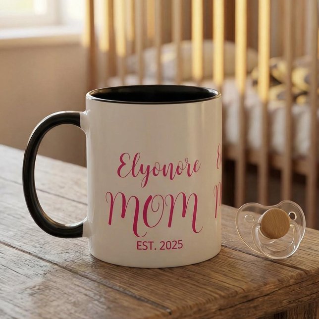 Personalized Mom Name Established Pink Script  Zweifarbige Tasse (Von Creator hochgeladen)
