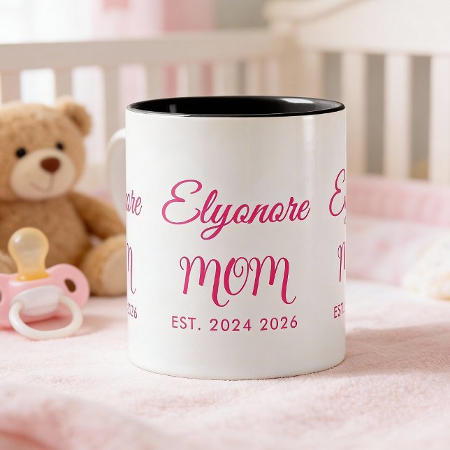 Personalized Mom Name Two Date Pink Script  Zweifarbige Tasse (Von Creator hochgeladen)