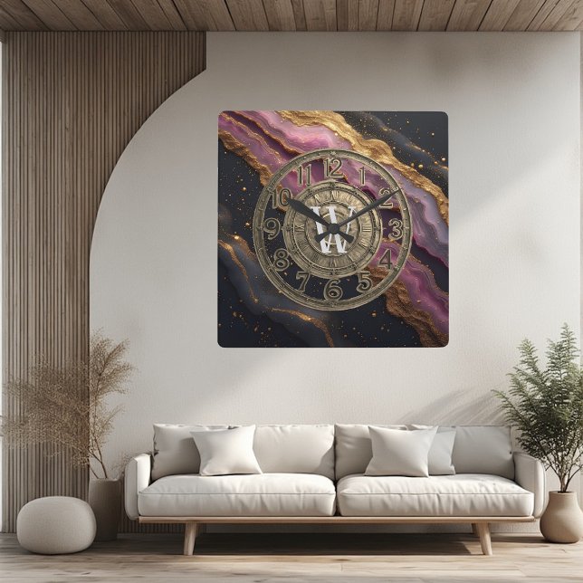Personalized Monogram Agate Pink Rustic Metal Luxe Quadratische Wanduhr (Personalized Monogram Agate Pink Rustic Metal Luxe Square Wall Clock)