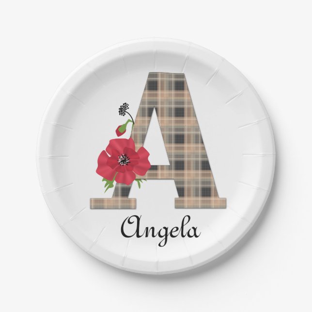 Personalized monogram editable A text red flower Pappteller (Vorderseite)