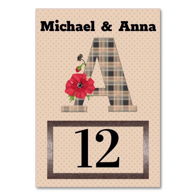 Personalized monogram editable A text red flower Tischnummer (Vorderseite)