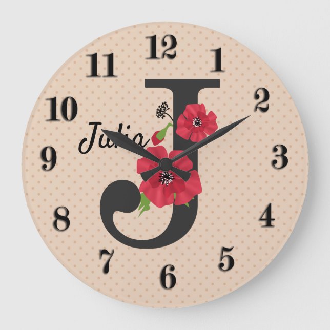 Personalized monogram editable J text red flower Große Wanduhr (Vorderseite)