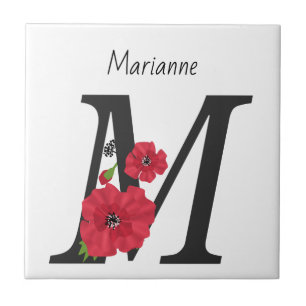 Personalized monogram editable M text red flower Fliese