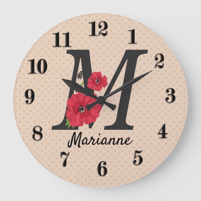 Personalized monogram editable M text red flower Große Wanduhr (Vorderseite)