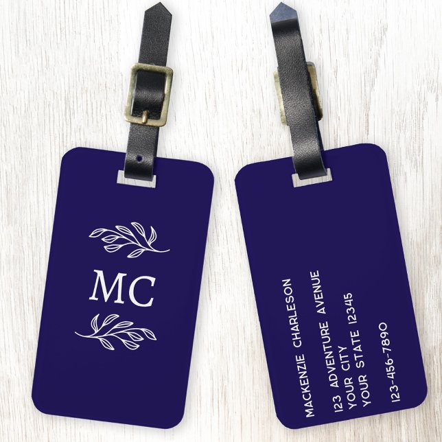 Personalized Monogram Initials Botanical Leaf Gepäckanhänger (Personalized monogram initial botanical leaf art minimalist navy blue luggage tag)