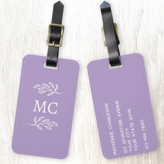 Personalized Monogram Initials Botanical Leaf Gepäckanhänger (Personalized monogram initial botanical leaf art minimalist pastel lilac purple luggage tag)
