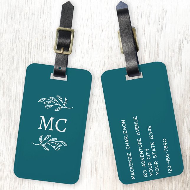 Personalized Monogram Initials Botanical Leaf Gepäckanhänger (Personalized monogram initial botanical leaf art minimalist teal green luggage tag
)