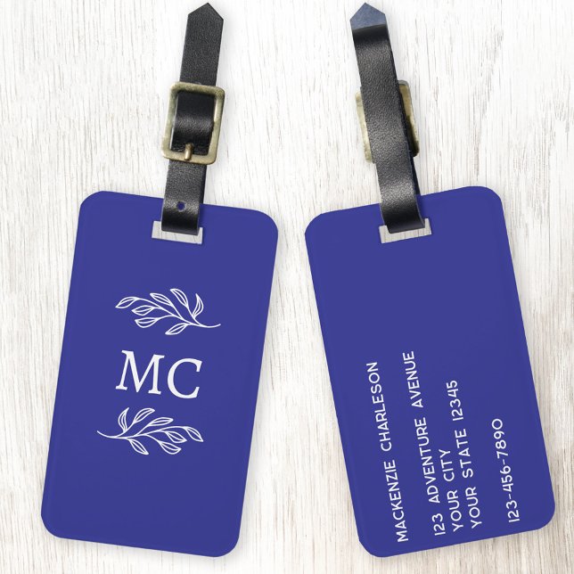 Personalized Monogram Initials Botanical Leaf Gepäckanhänger (Personalized monogram initial botanical leaf art minimalist cobalt blue luggage tag)