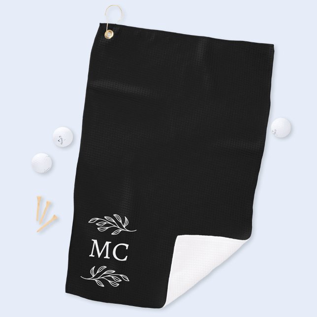 Personalized Monogram Initials Botanical Leaf Golfhandtuch (Modern personalized monogram initials botanical leaf line art golf towel)