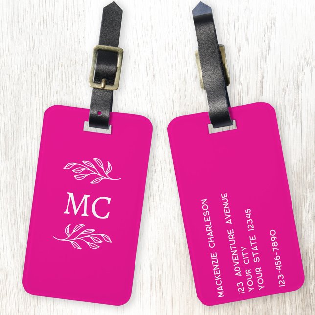 Personalized Monogram Initials Botanical Leaf Pink Gepäckanhänger (Personalized monogram initial botanical leaf art minimalist hot pink luggage tag)