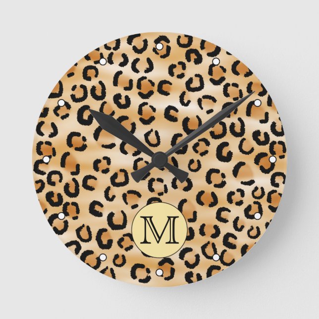 Personalized Monogram Leopard Print Pattern. Runde Wanduhr (Vorderseite)