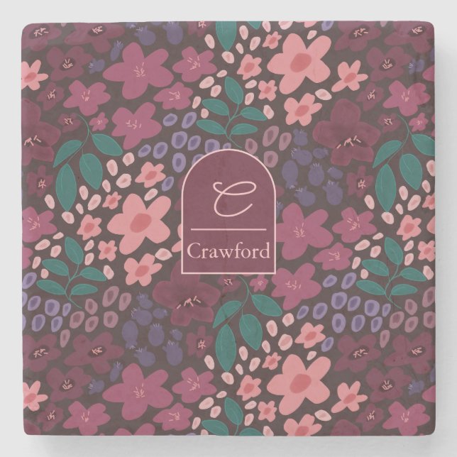 Personalized Monogram Moody Floral Steinuntersetzer (Vorderseite)