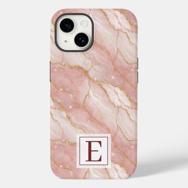 Personalized Monogram Rose Quartz Gold Case-Mate iPhone 14 Hülle (Rückseite)
