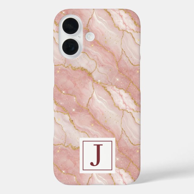 Personalized Monogram Rose Quartz Gold iPhone 16 Hülle (Rückseite)