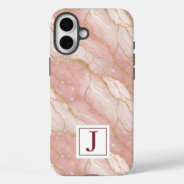 Personalized Monogram Rose Quartz Gold iPhone 16 Plus Hülle (Rückseite)