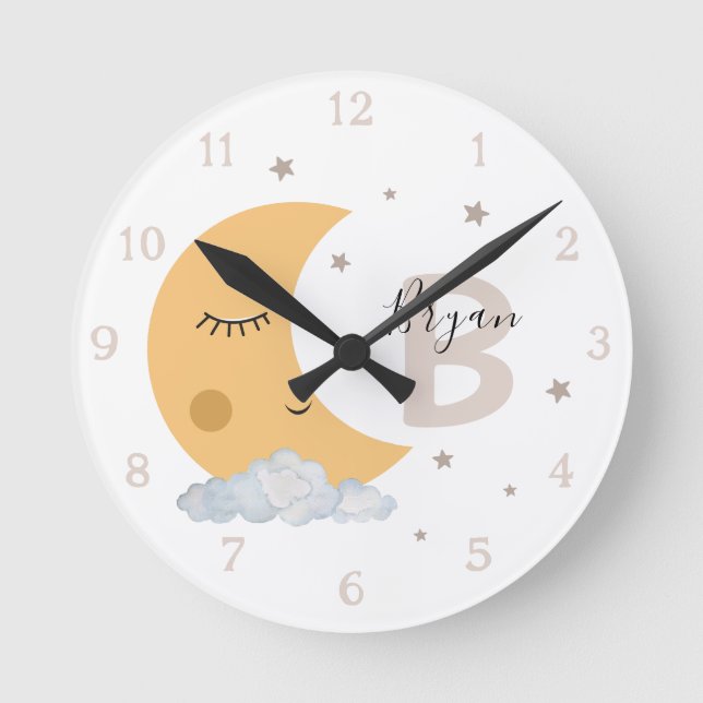 Personalized Moon Nursery Wall Clock Neutral Beige Runde Wanduhr (Vorderseite)