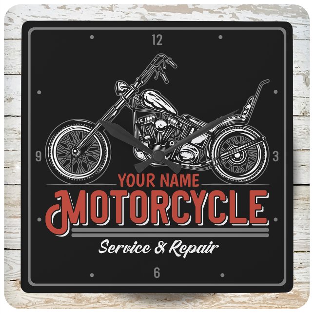 Personalized Motorcycle Service Biker Repair Shop  Quadratische Wanduhr (Von Creator hochgeladen)