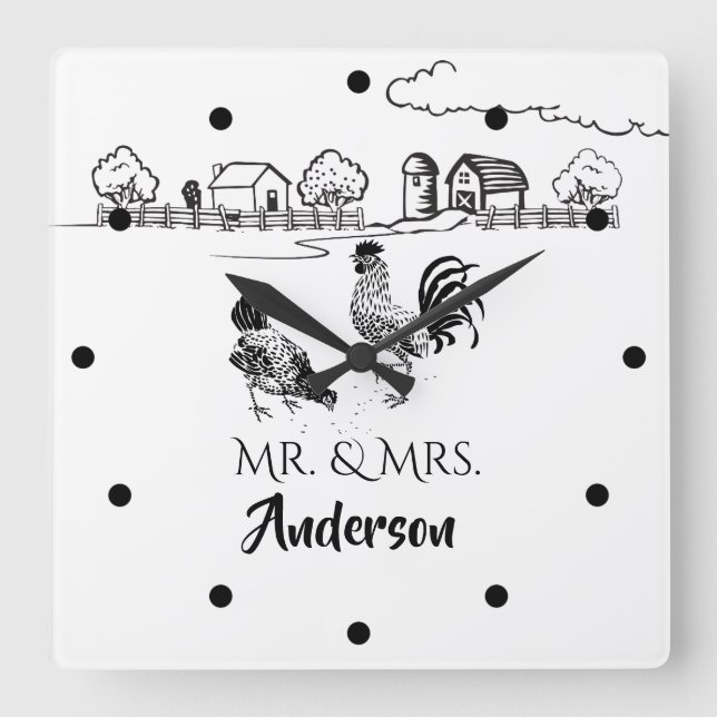 Personalized Mr and Mrs Chickens Rooster Hen Farm Quadratische Wanduhr (Vorderseite)