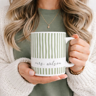 Personalized Mrs Mug Green Striped Coffee Mug Kaffeetasse