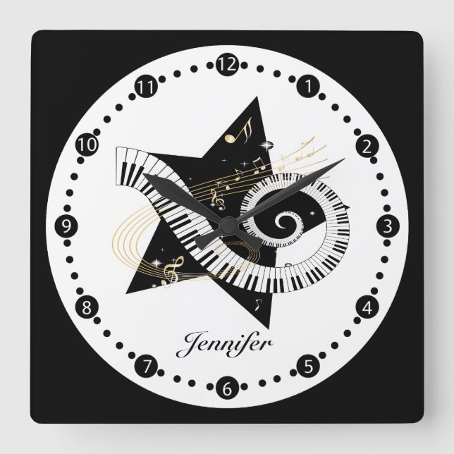 Personalized Musical Star Golden Notes wall clock Quadratische Wanduhr (Vorderseite)