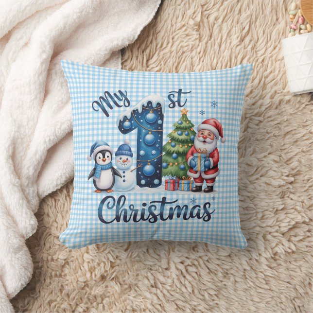 Personalized My 1st Christmas Blue & White Checker Kissen (Decke)