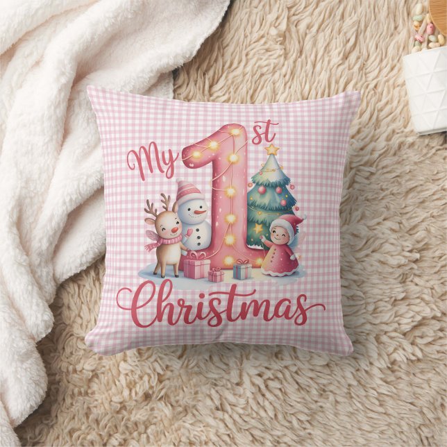 Personalized My 1st Christmas Pink & White Checker Kissen (Decke)