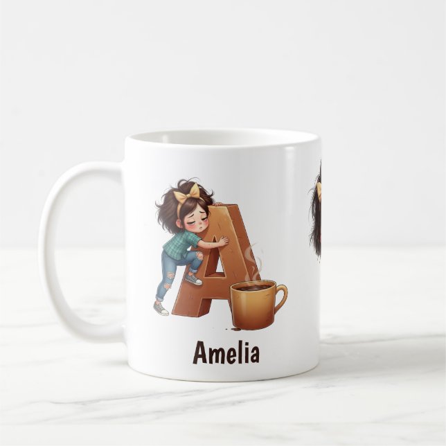 Personalized Name & A Sleepy Morning Plaid Charact Kaffeetasse (Links)