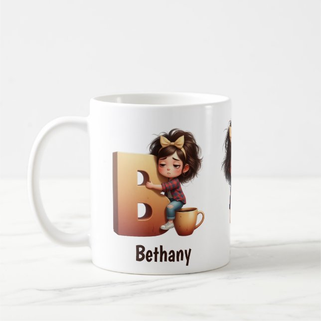 Personalized Name & B Sleepy Morning Plaid Charact Kaffeetasse (Links)