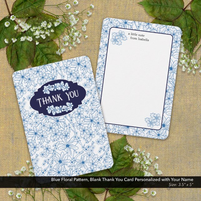 Personalized Name Blue Floral Pattern, Blank Dankeskarte (Blue Floral Pattern, Blank Thank You Card Personalized with Your Name )