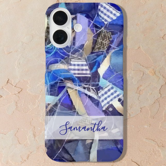 Personalized Name Blue White Lilac Abstract Stripe iPhone 16 Hülle (Von Creator hochgeladen)