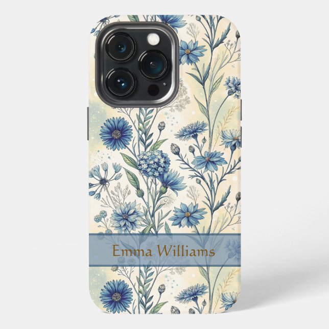 Personalized Name Blue Wildflowers iPhone 13 Pro Hülle (Hinten)