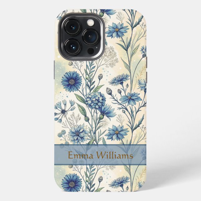 Personalized Name Blue Wildflowers iPhone 13 Pro Max Hülle (Rückseite)