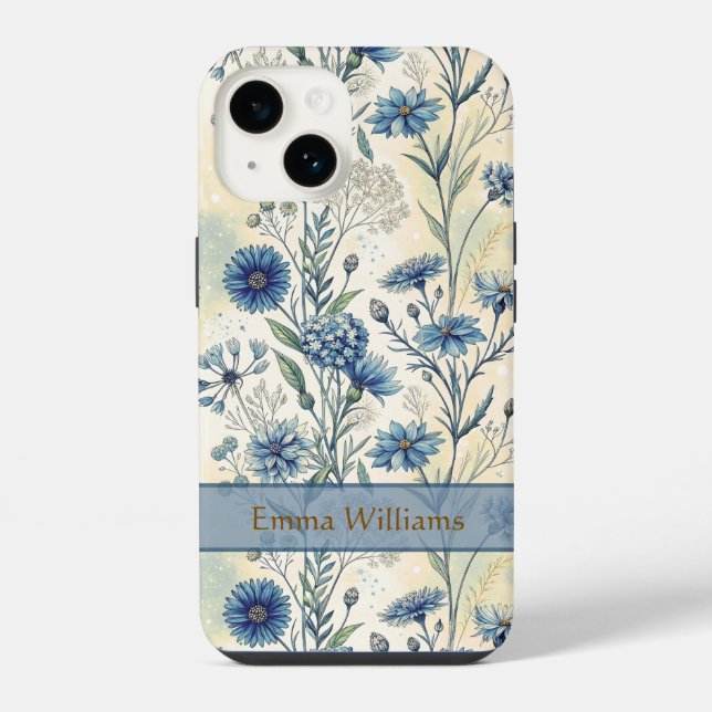 Personalized Name Blue Wildflowers iPhone 14 Hülle (Rückseite)