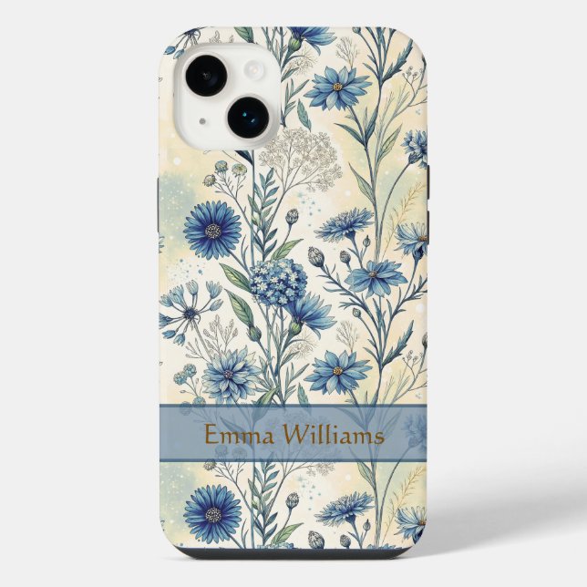 Personalized Name Blue Wildflowers iPhone 14 Plus Hülle (Rückseite)