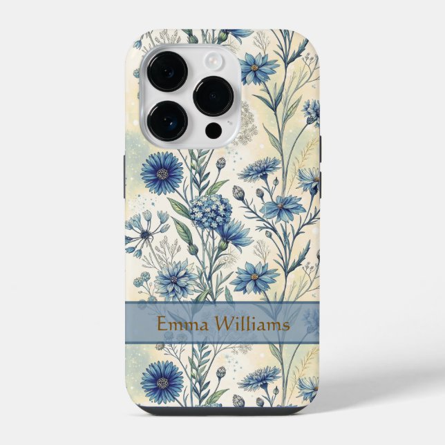 Personalized Name Blue Wildflowers iPhone 14 Pro Hülle (Rückseite)