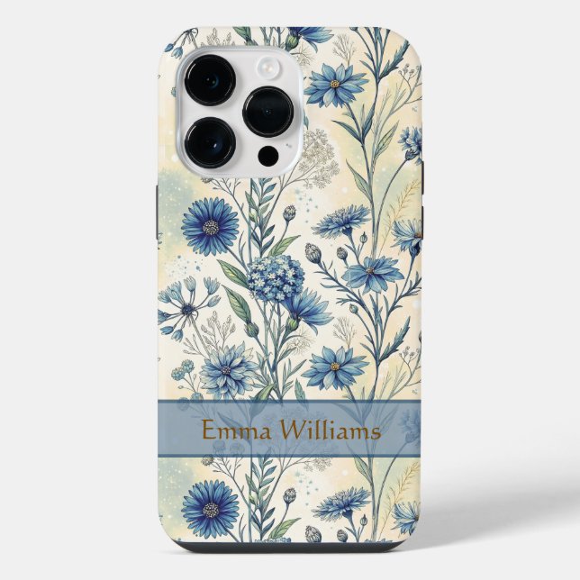 Personalized Name Blue Wildflowers iPhone 14 Pro Max Hülle (Rückseite)