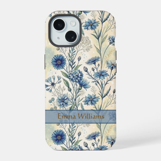 Personalized Name Blue Wildflowers iPhone 15 Hülle (Rückseite)