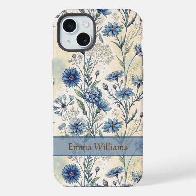 Personalized Name Blue Wildflowers iPhone 15 Plus Hülle (Rückseite)