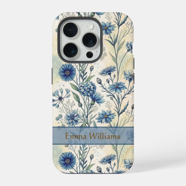 Personalized Name Blue Wildflowers iPhone 15 Pro Hülle (Rückseite)