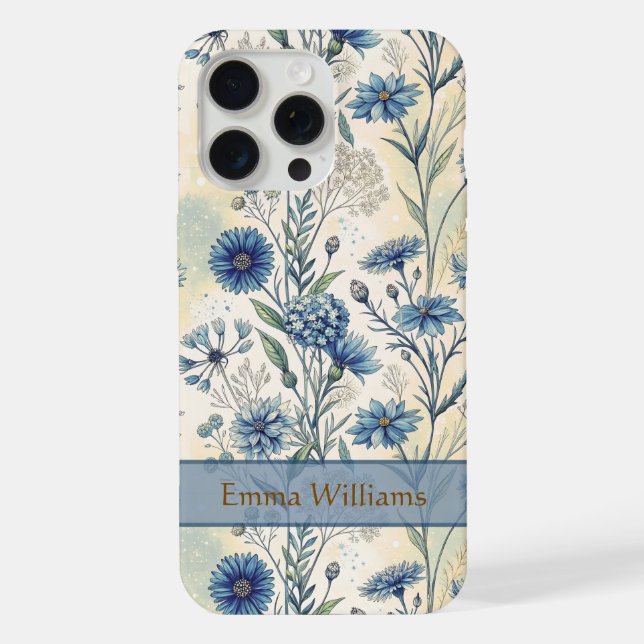Personalized Name Blue Wildflowers iPhone 15 Pro Max Hülle (Rückseite)