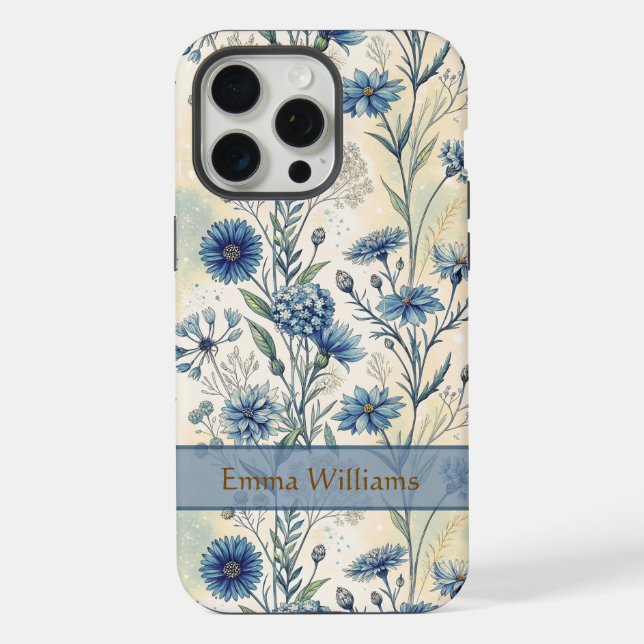 Personalized Name Blue Wildflowers iPhone 15 Pro Max Hülle (Rückseite)