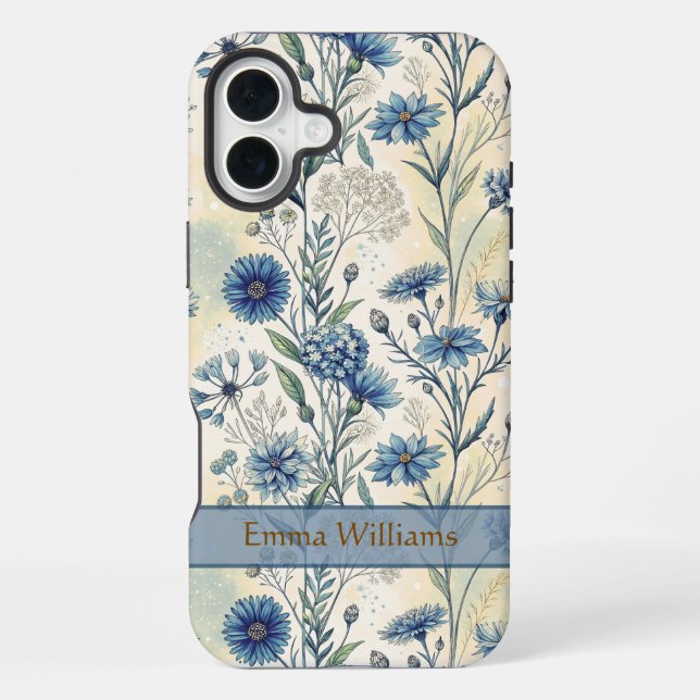 Personalized Name Blue Wildflowers iPhone 16 Plus Hülle (Rückseite)