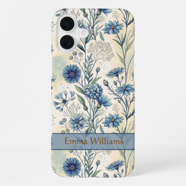 Personalized Name Blue Wildflowers iPhone 16 Plus Hülle (Rückseite)